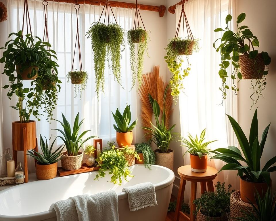 boho bathroom plants