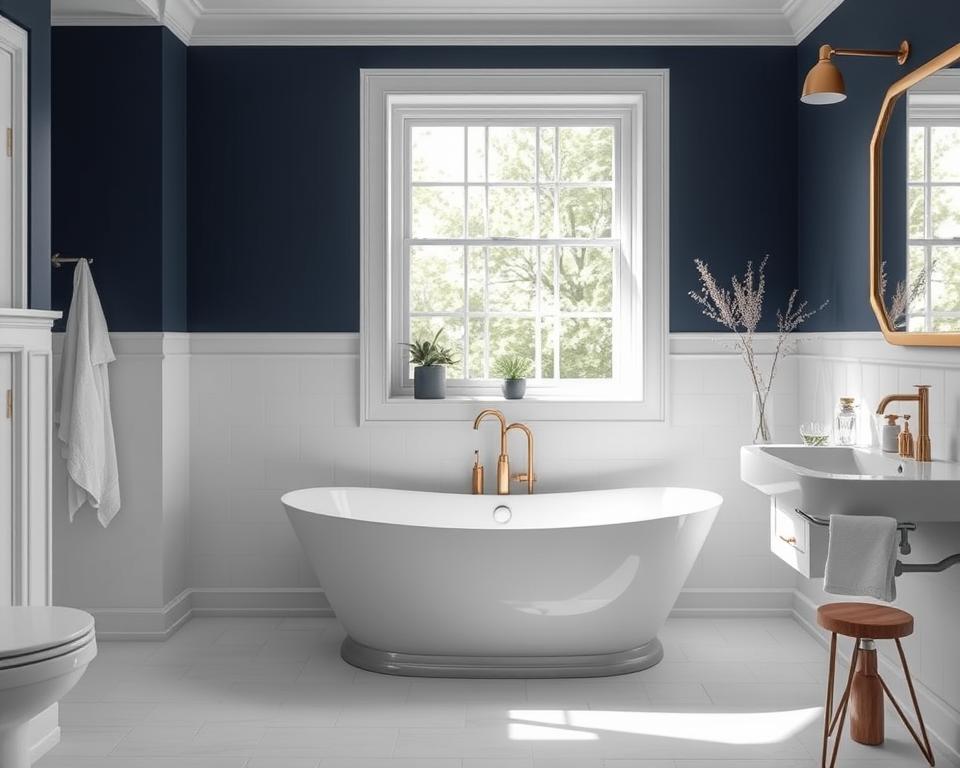 navy and white bathroom